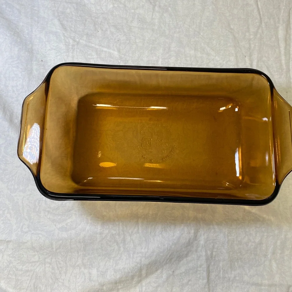 Anchor Hocking 441 Amber Glass Loaf Pan w Woven Basket Cradle 11